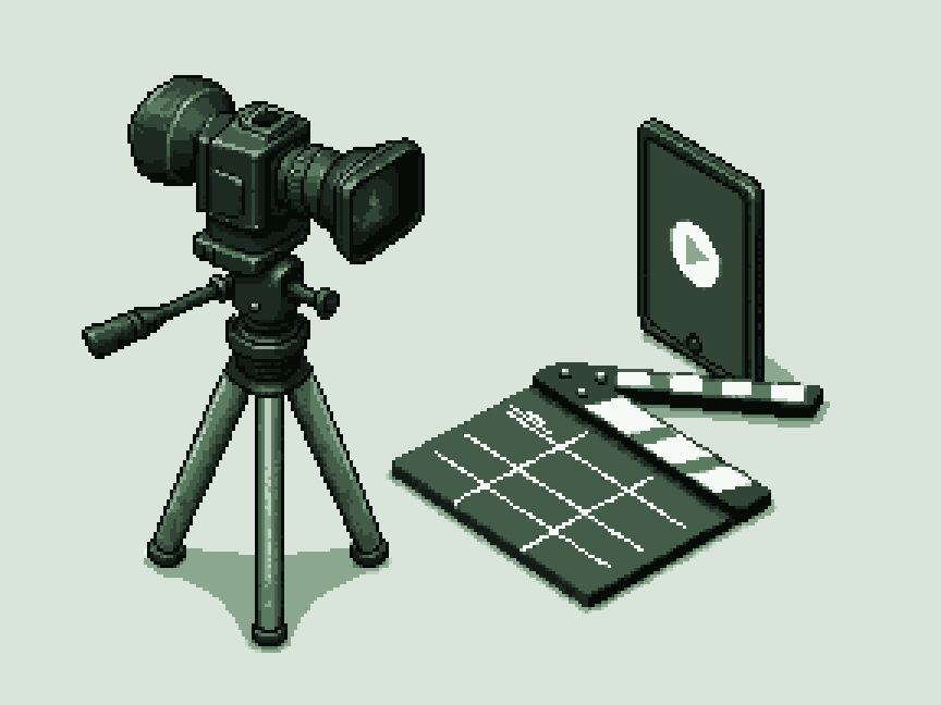 A video camera on a tripod, a clapperboard and a phone playing a video