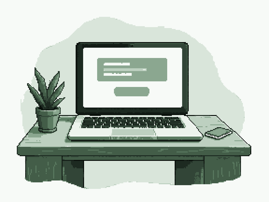 A laptop on a desk with a landing page on the screen